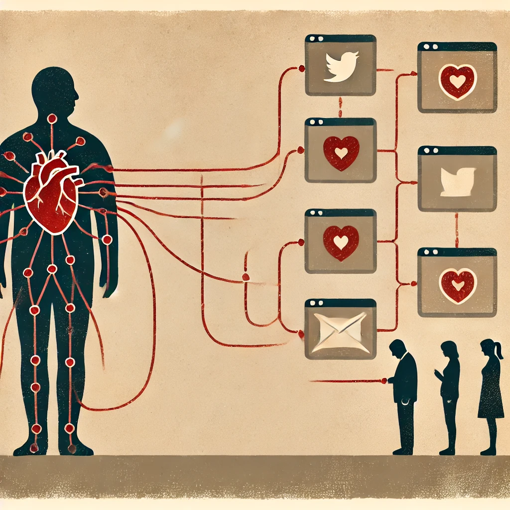 Ilustração de um corpo com um coração vermelho ligado por fios a ícones de redes sociais com corações e a um envelope; abaixo, silhuetas de pessoas olhando o celular