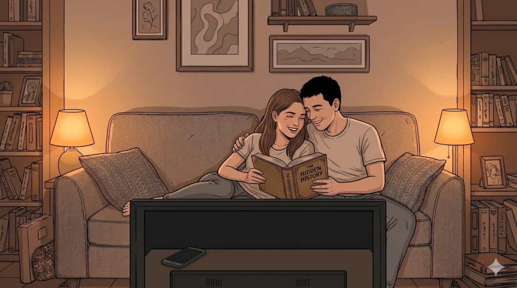 Casal abraçado num sofá aconchegante, lendo um livro juntos à luz de abajures