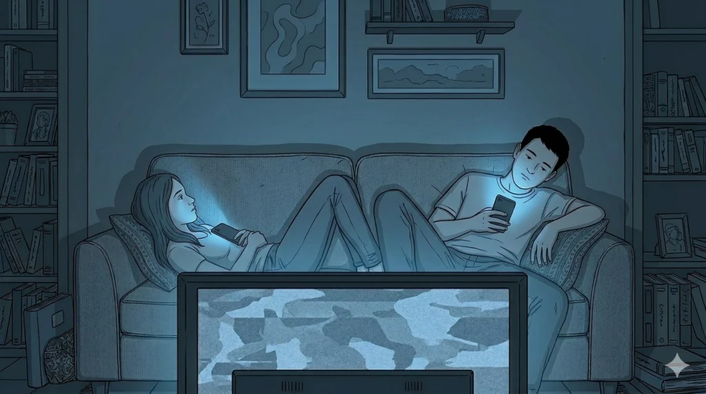 Casal deitado num sofá numa sala escura, cada um olhando o próprio celular, iluminados pela luz azul das telas