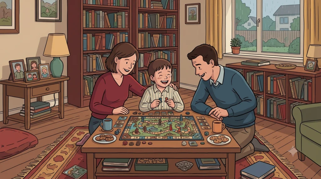 Ilustração de uma mulher, um homem e uma criança sorrindo ao redor de um jogo de tabuleiro, numa sala com estantes de livros