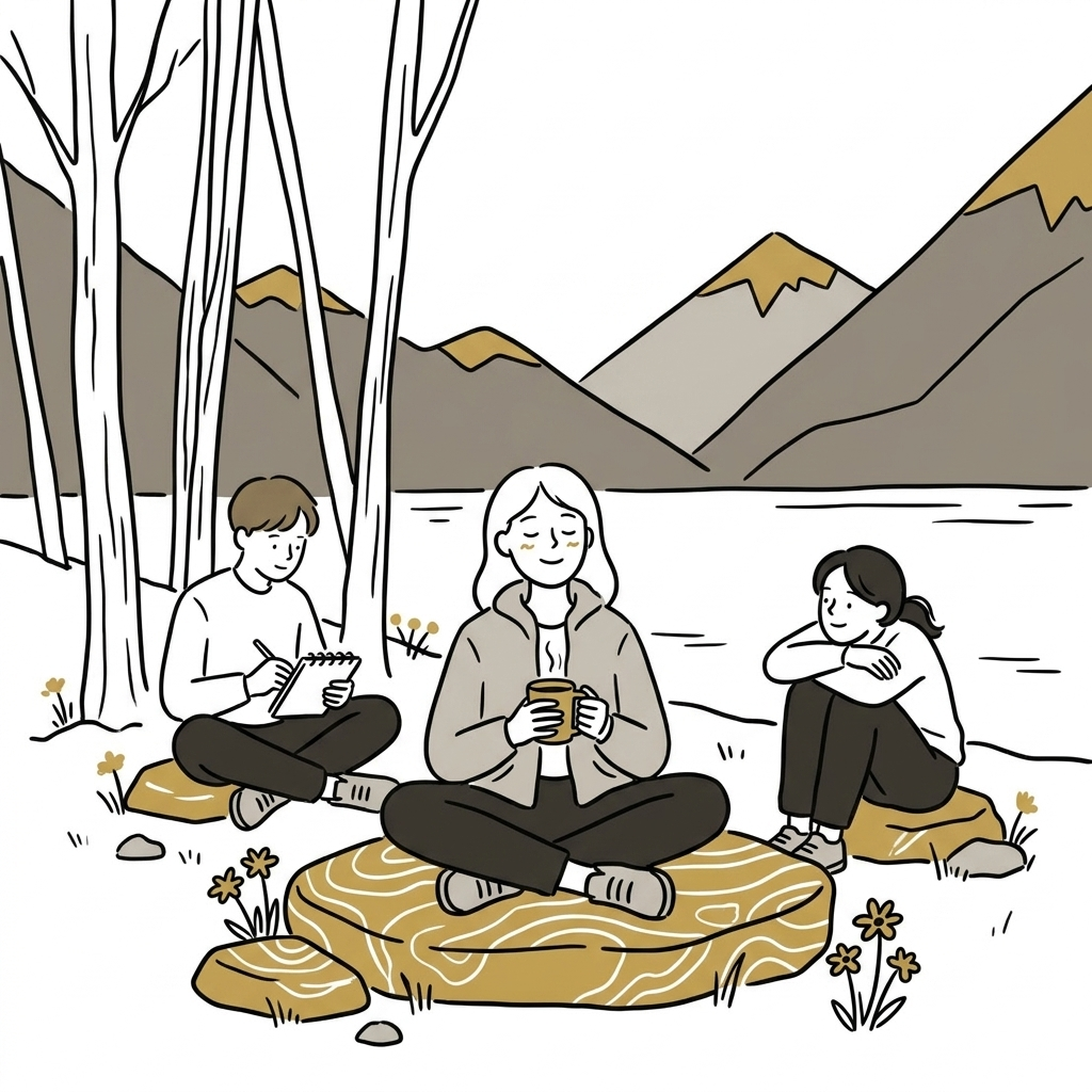 Ilustração de três pessoas num cenário de montanhas e árvores: uma escreve num caderno, outra medita segurando uma xícara e outra abraça os joelhos