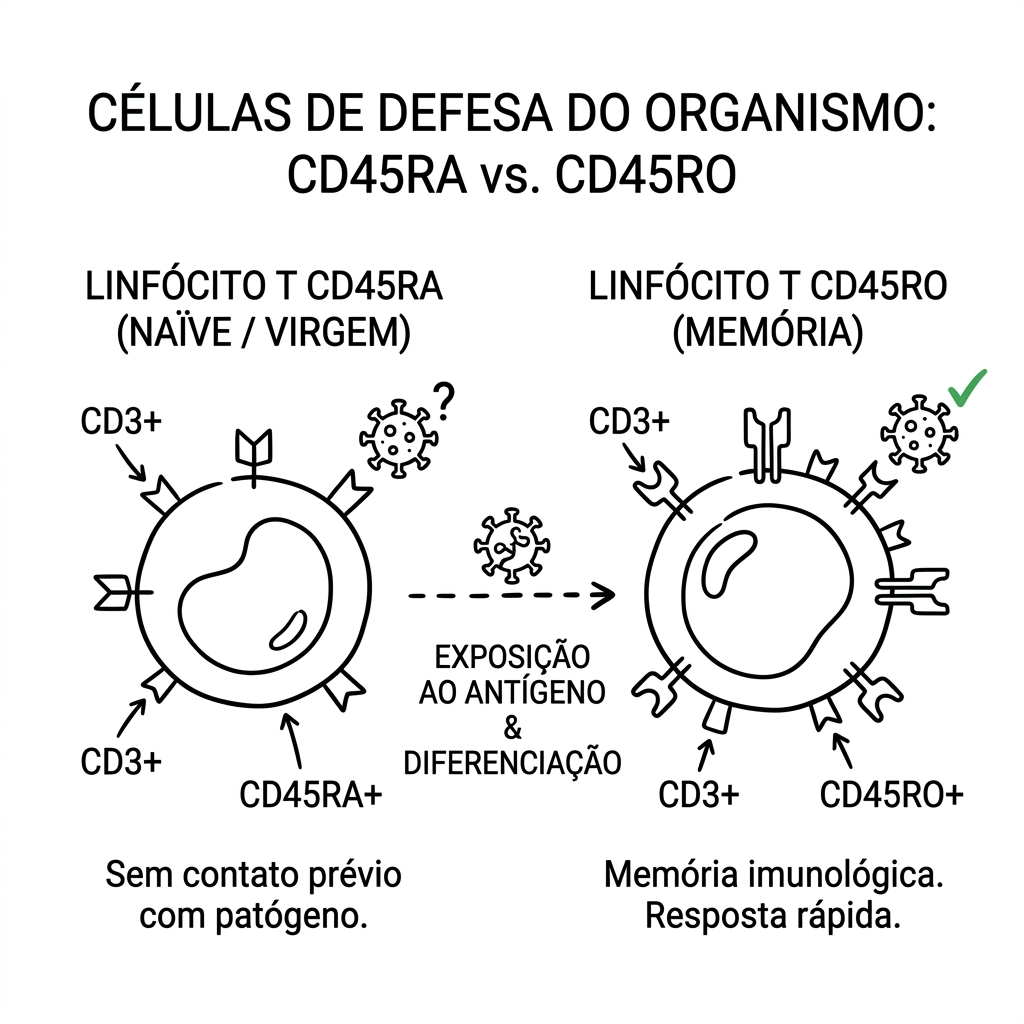Diagrama das células de defesa do organismo: linfócito T CD45RA (virgem, sem contato prévio com o patógeno) e linfócito T CD45RO (de memória, resposta rápida após a exposição)