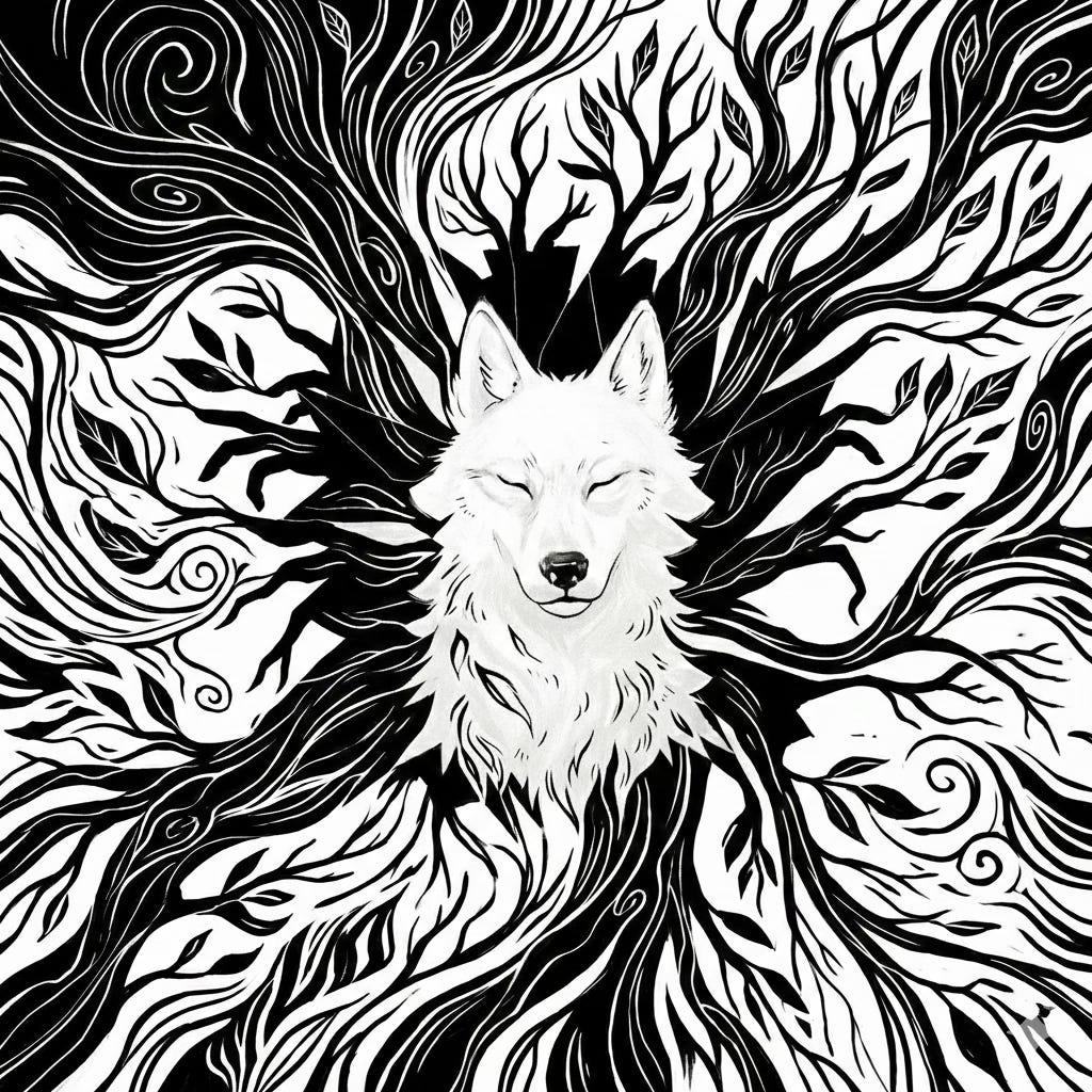 Ilustração em preto e branco: um lobo branco de olhos fechados no centro de raízes e galhos que se espalham em redemoinhos